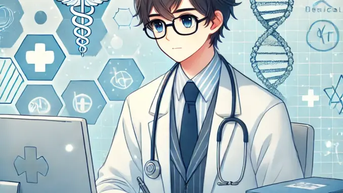 DALL·E 2024-10-24 14.42.44 - An anime-style illustration of a professional medical translator working at a desk, surrounded by medical books and documents. The character is focuse